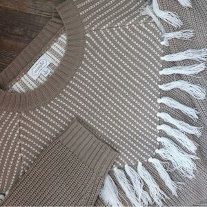 Mud Pie Fringe Sweater Rib Knit Taupe Beige Womens Size L